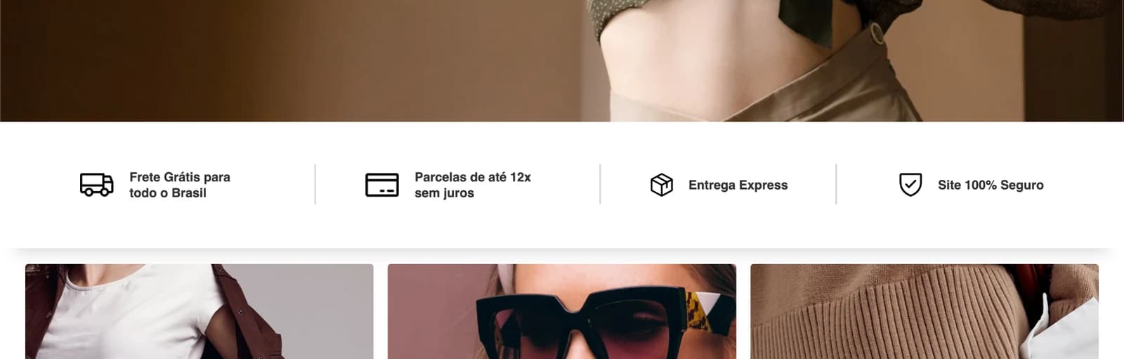 Tarja informativa na página inicial com quatro destaques: frete grátis, parcelamento, entrega express e site seguro