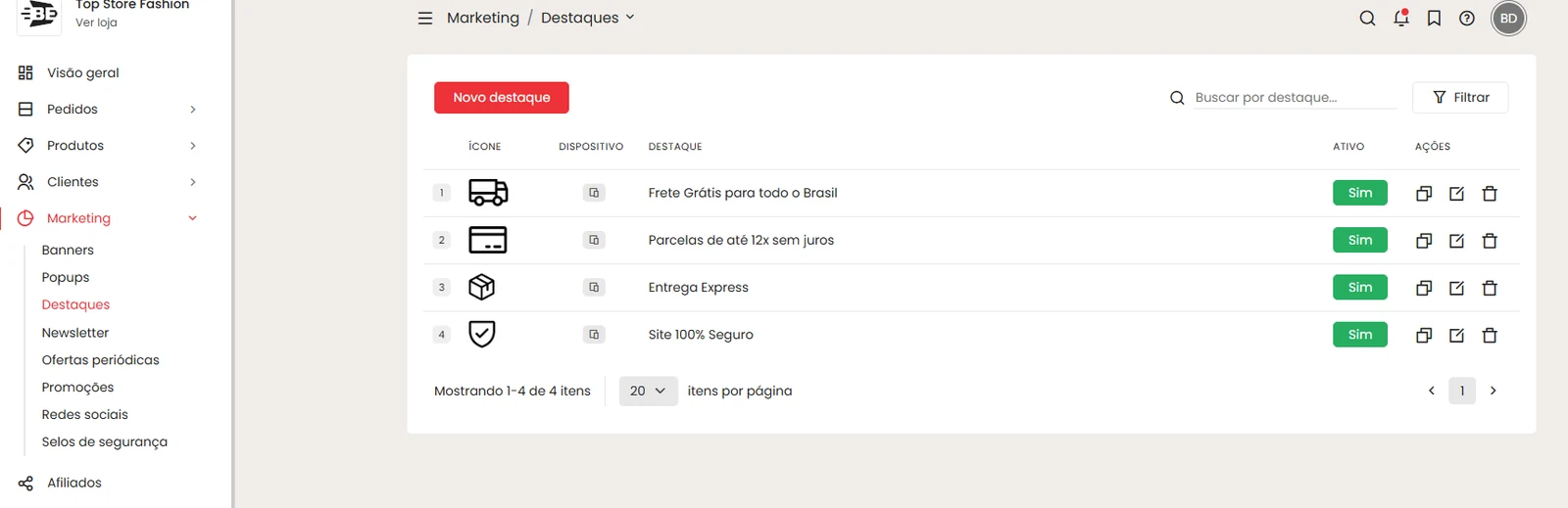Lista de destaques no painel da WBuy, em Marketing > Destaques