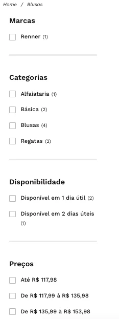 Filtro lateral com marcas, categorias, disponibilidade e preços