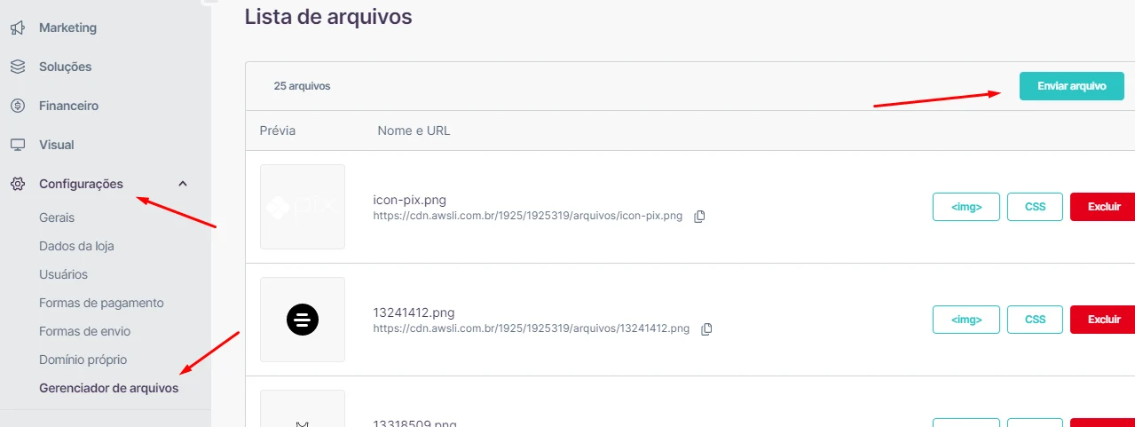 Gerenciador de arquivos com o botão Enviar arquivo