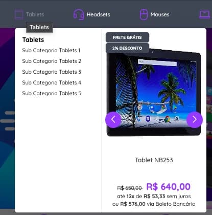 Submenu aberto, com as subcategorias