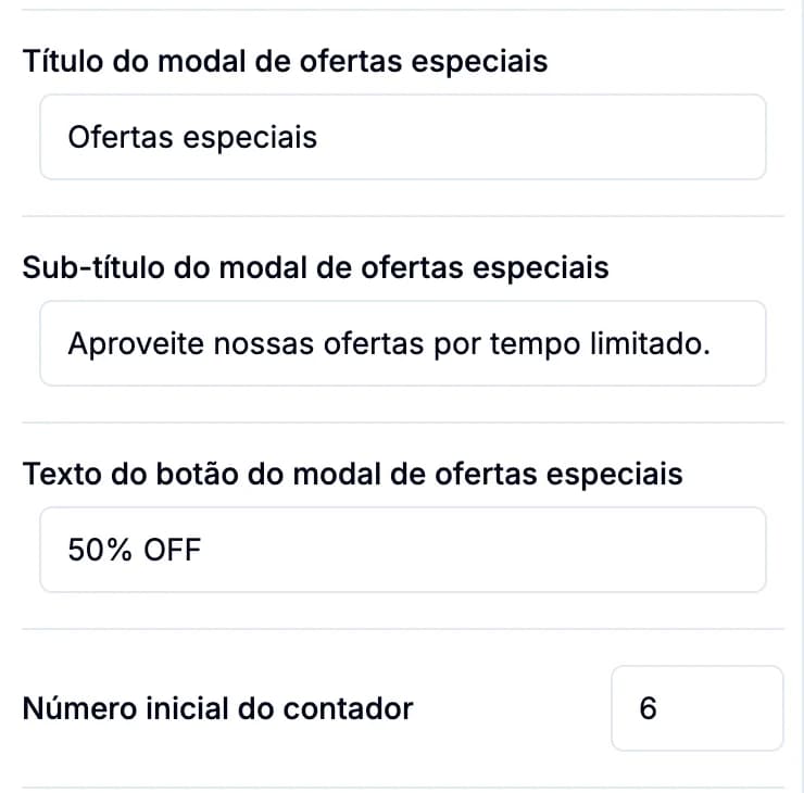 Campos do modal de ofertas especiais