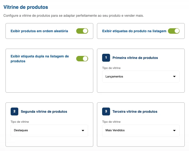 Configuração da vitrine de produtos
