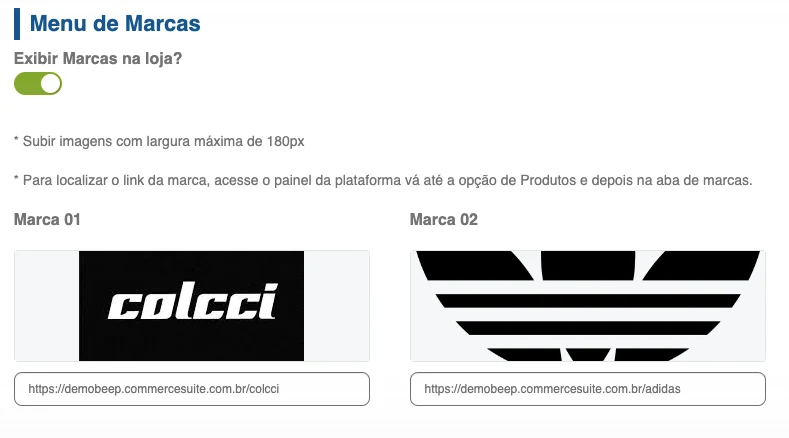 Configuração do menu de marcas