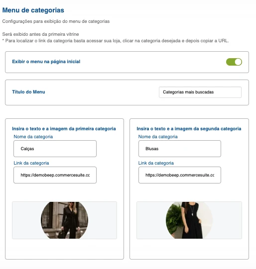 Configuração do menu de categorias