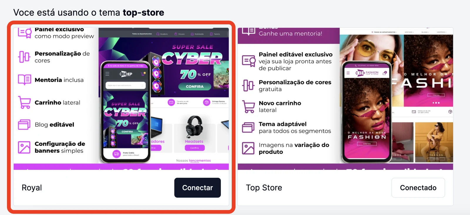 Lista de temas com o botão Conectar no Royal