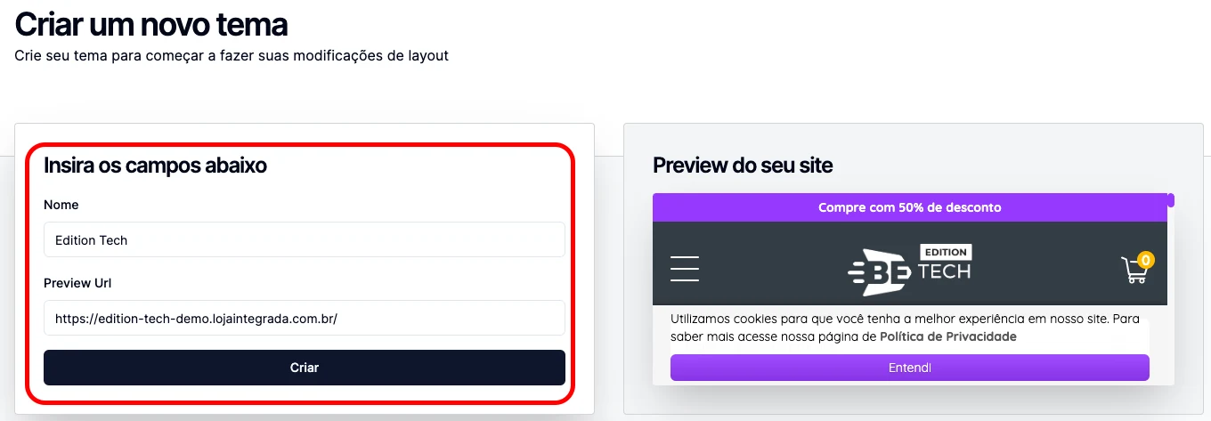 Formulário Criar um novo tema, com nome, endereço da loja e prévia