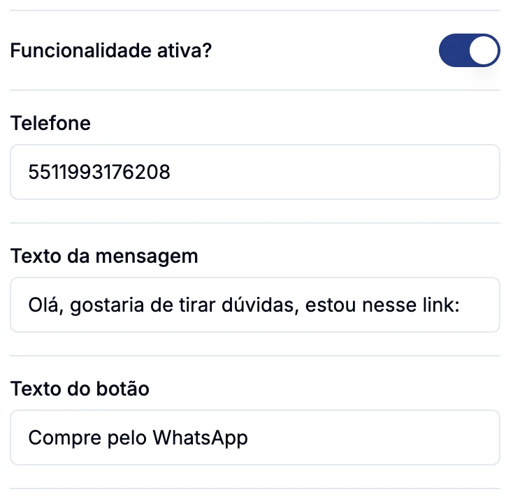 Configurações do WhatsApp no produto